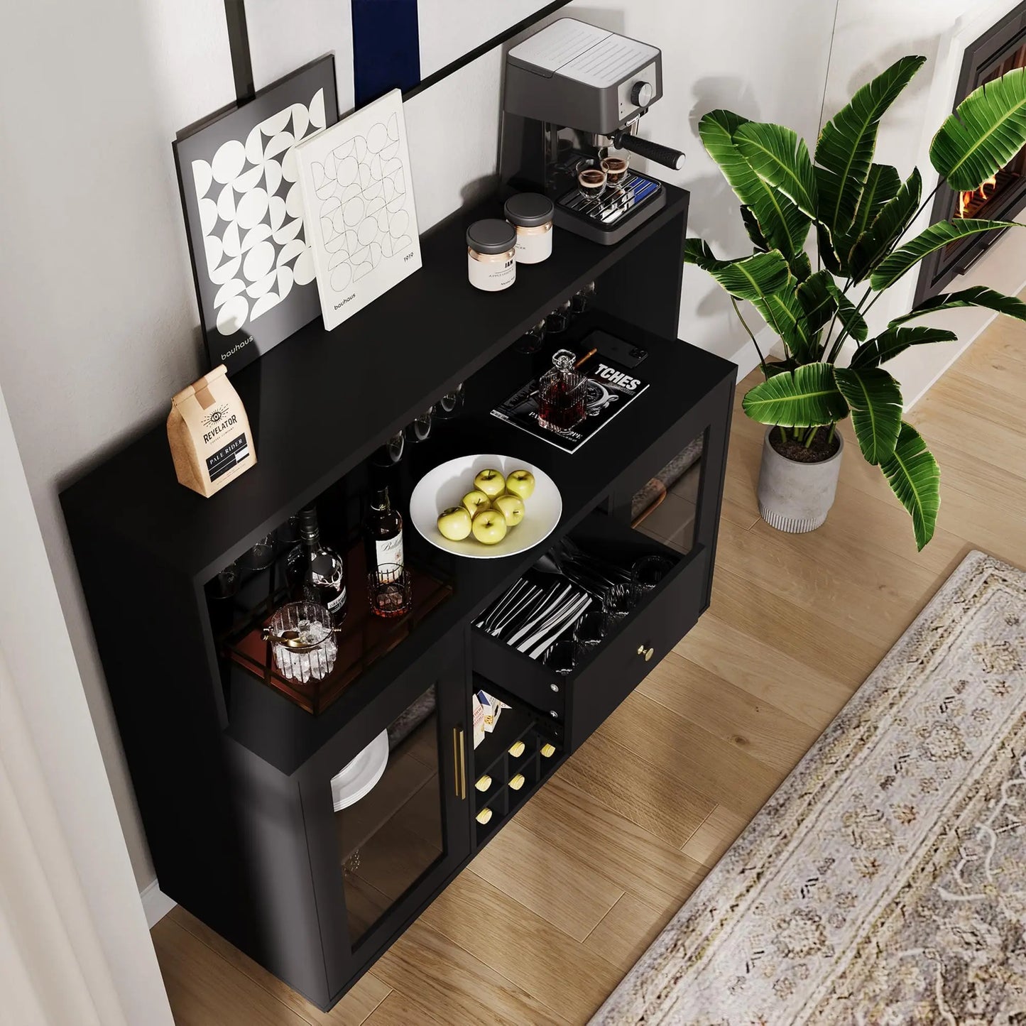 HiMiss LED Wine Bar Cabinet Glass Doors Charging Station