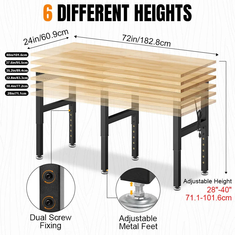 Heavy Duty Adjustable Rubber Wood Workbench With Pegboard Outlet
