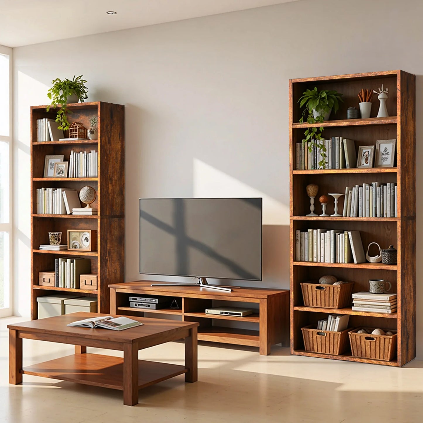 MCQ 6 Tier Wooden Bookcase Adjustable Open Storage Shelf