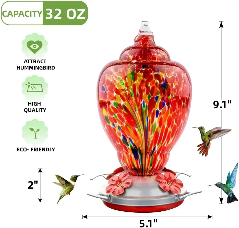 Hand Blown Glass Hummingbird Feeder With Ant Proof Tray