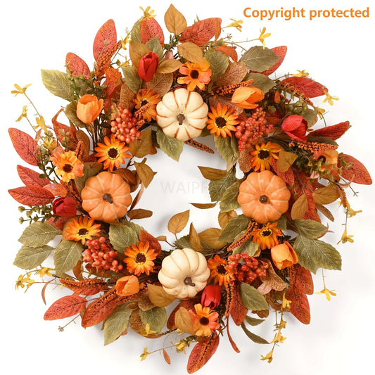 Autumn Pumpkin Front Door Wreath for Thanksgiving Farmhouse Harvest Decor