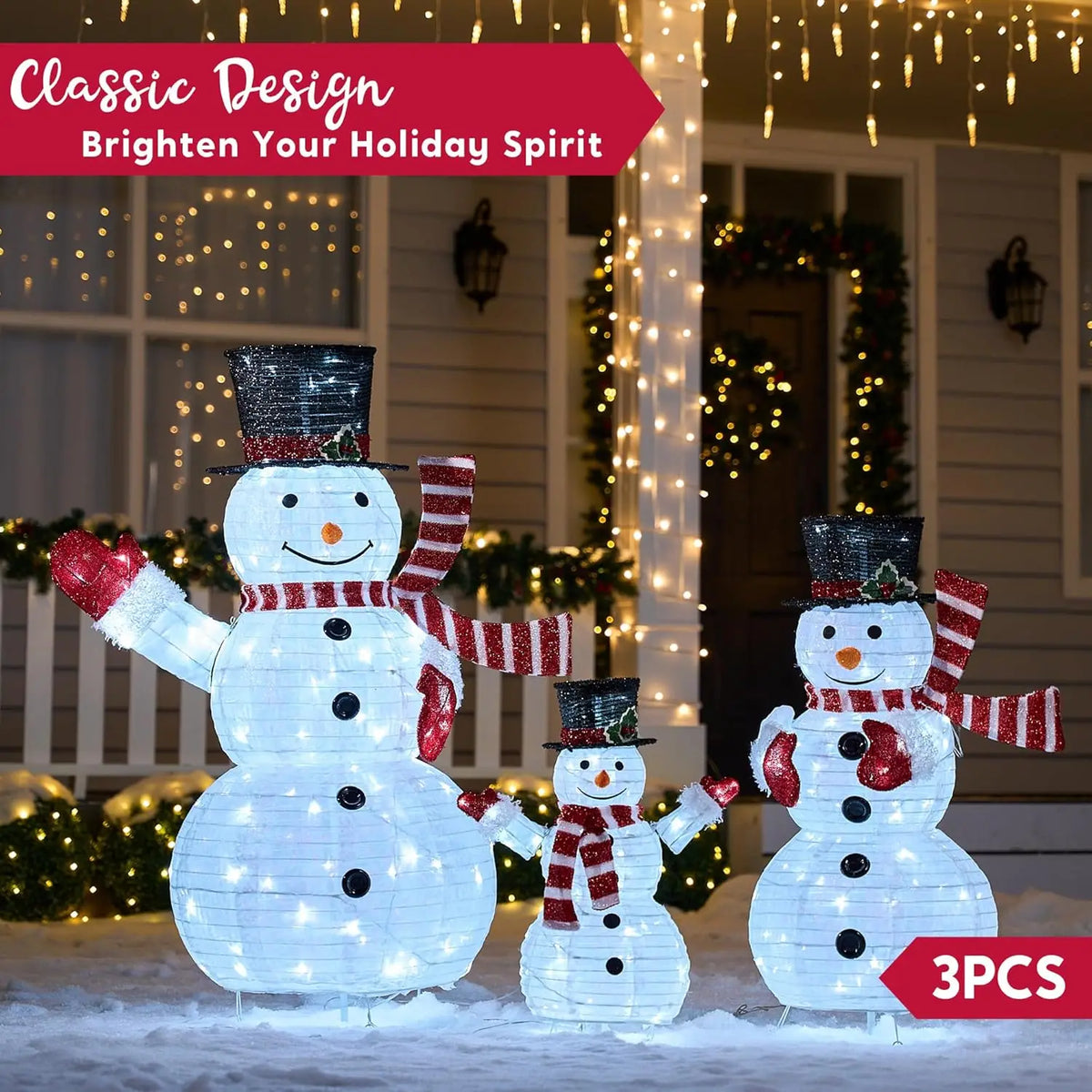 Joyfy 3 Pack 3D Christmas Collapsible Snowman LED Yard Lights