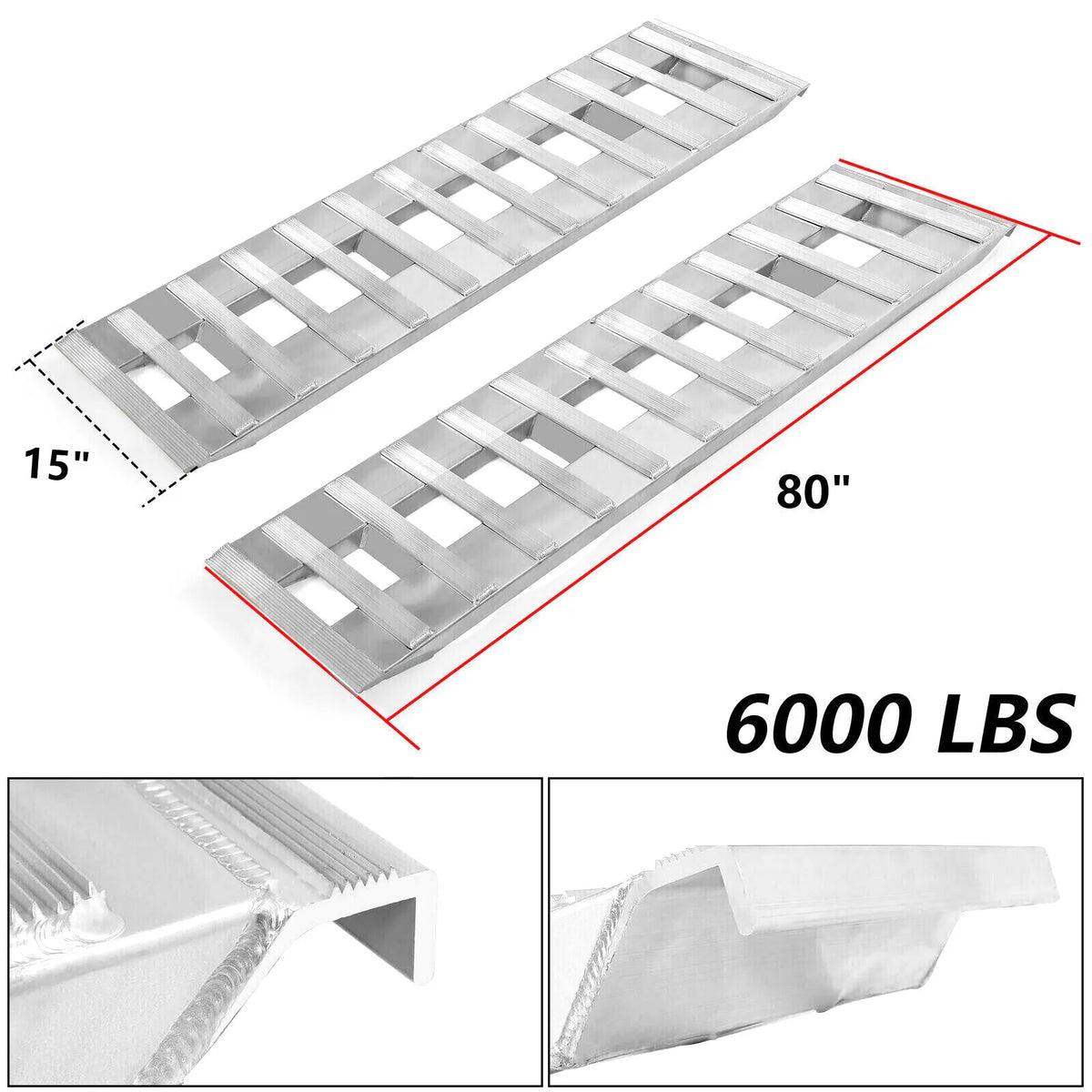80"×15" Aluminum Ramps 2 Pcs 6000Lbs Car Trailer Truck Hook End Knife 1 Pair