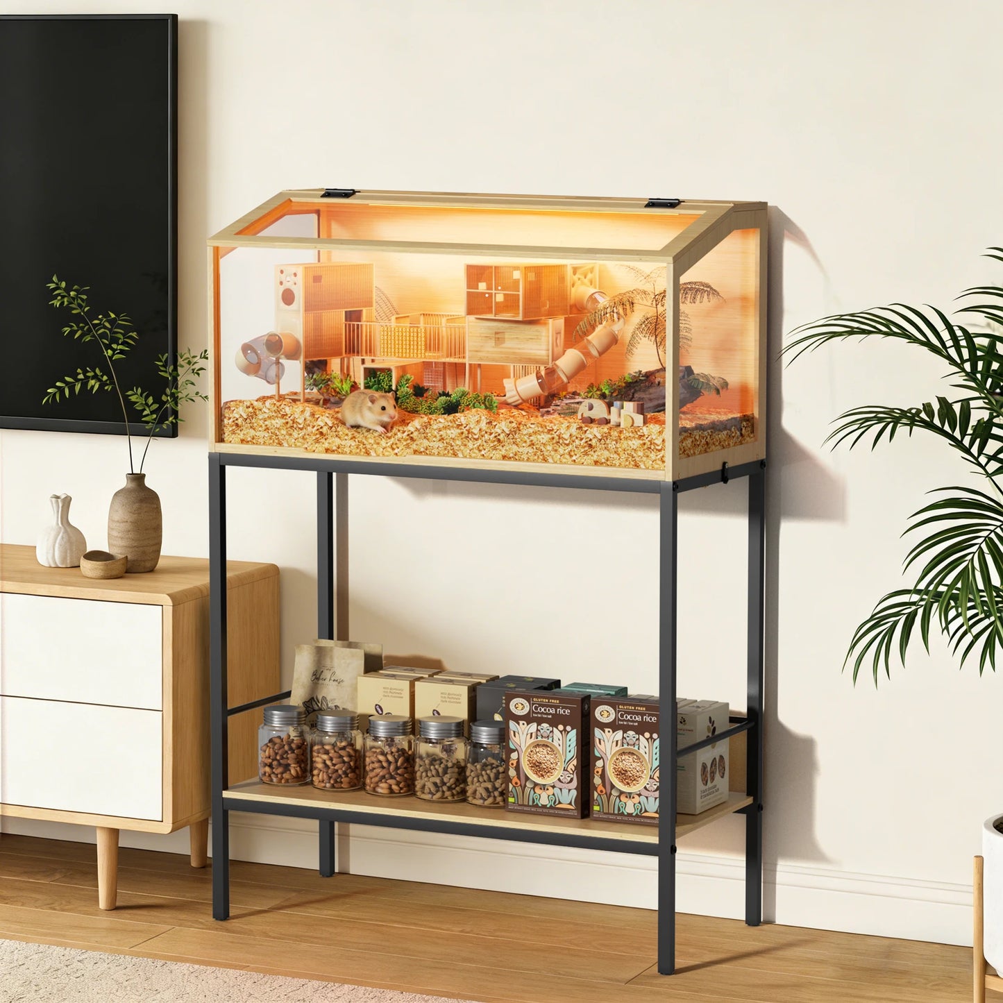 Wooden Hamster Cage With Tempered Glass Front And Storage Rack