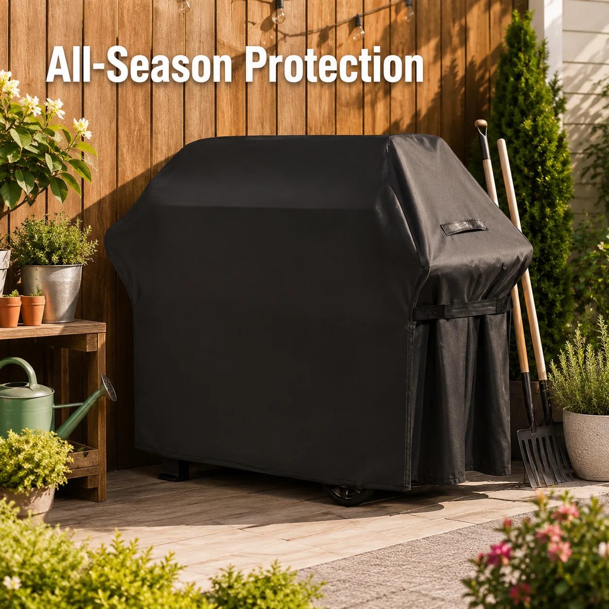 2-Piece Full-Coverage BBQ Cover—Outdoor Weather Protection; Black Oxford Fabric—Waterproof, UV-Resistant, and Tear-Resistant; Drawstring Closure for Easy Cleaning; Wind-Resistant and Durable; Suitable for Large Outdoor BB