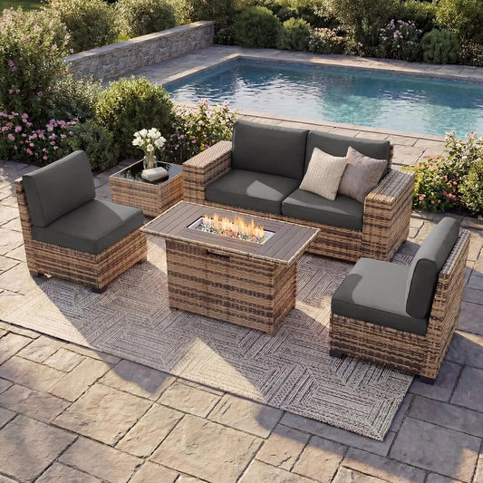 Outdoor Sectional Set Including Fire Pit Table, 8-Inch Armrest Sofas, 5-Piece All-Weather Wicker Conversation Seating for Garden and Backyard