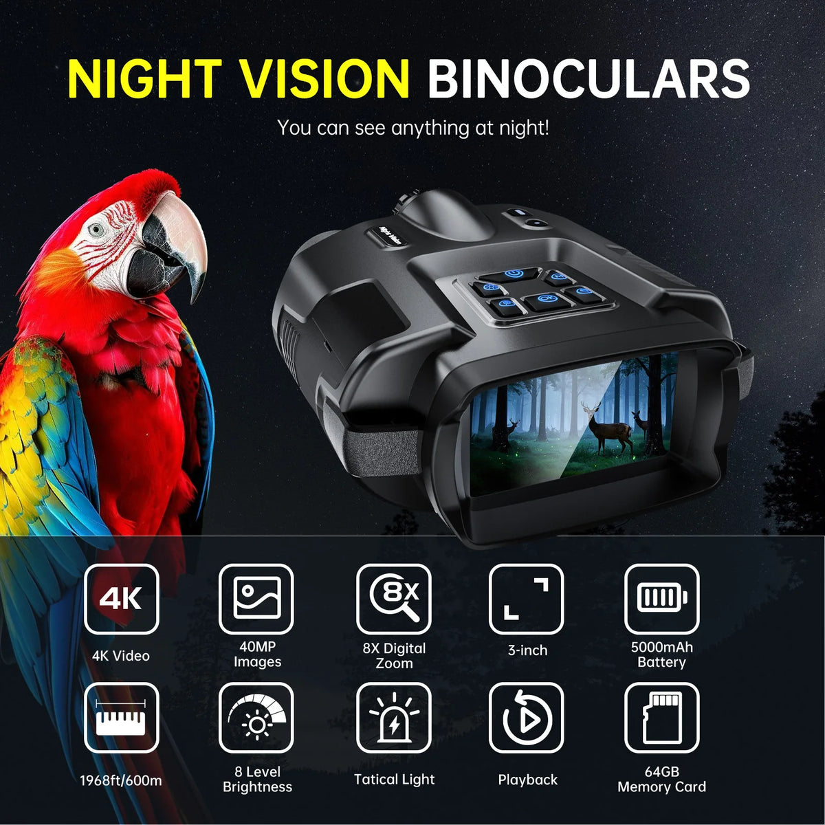 DIYIMIN Night Vision Binoculars 8X Infrared 600M Rechargeable