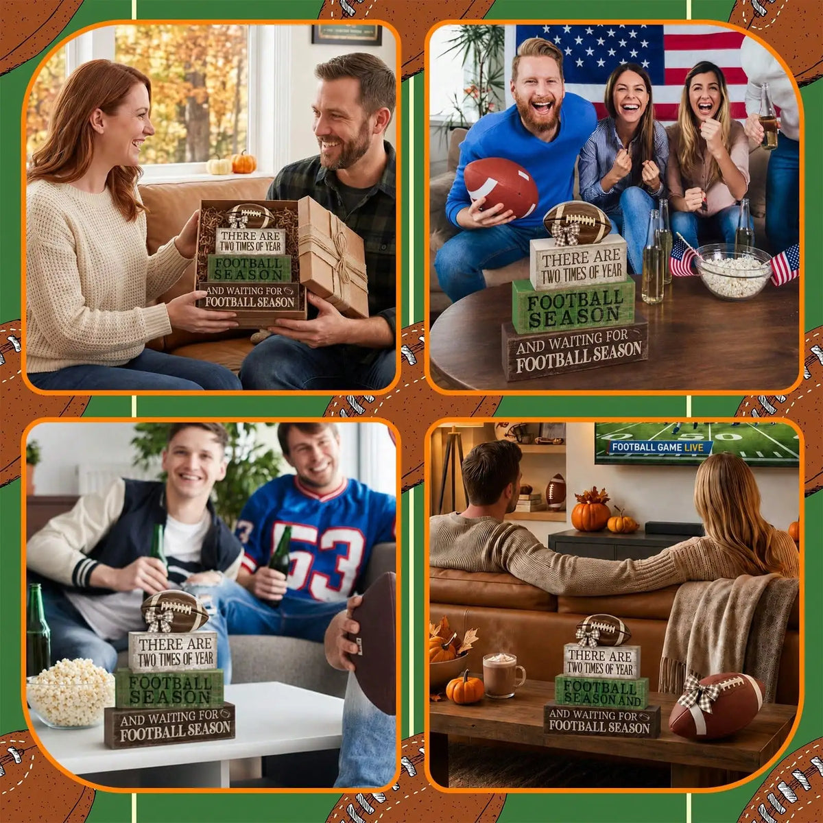 Rustic Football Season Layering Tray Stackable Wooden Block Decoration