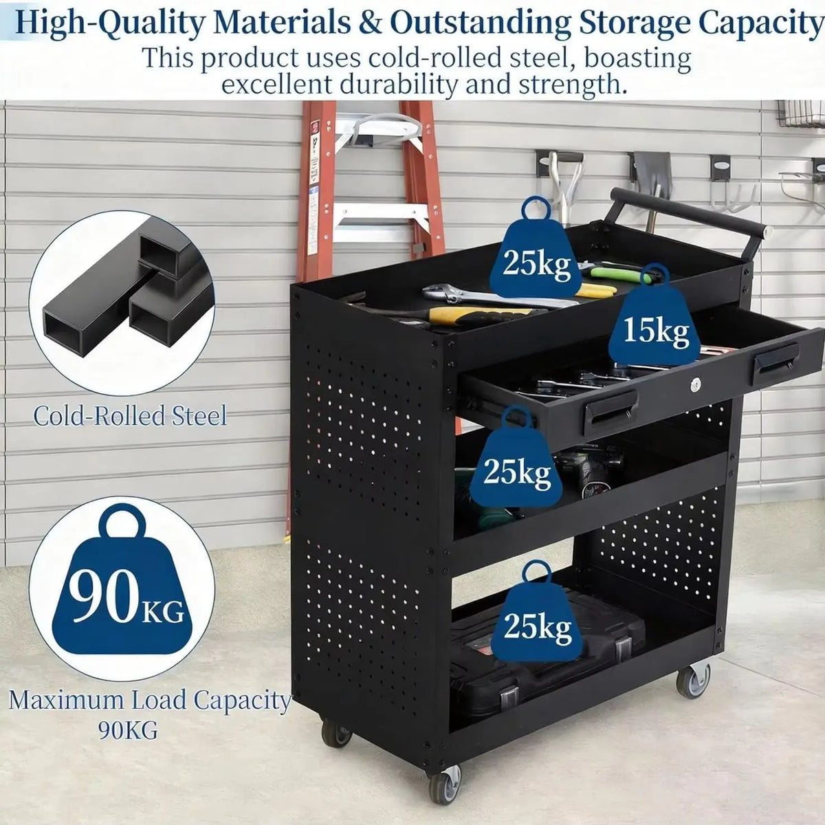 Three Tier Steel Rolling Tool Cart With Locking Casters