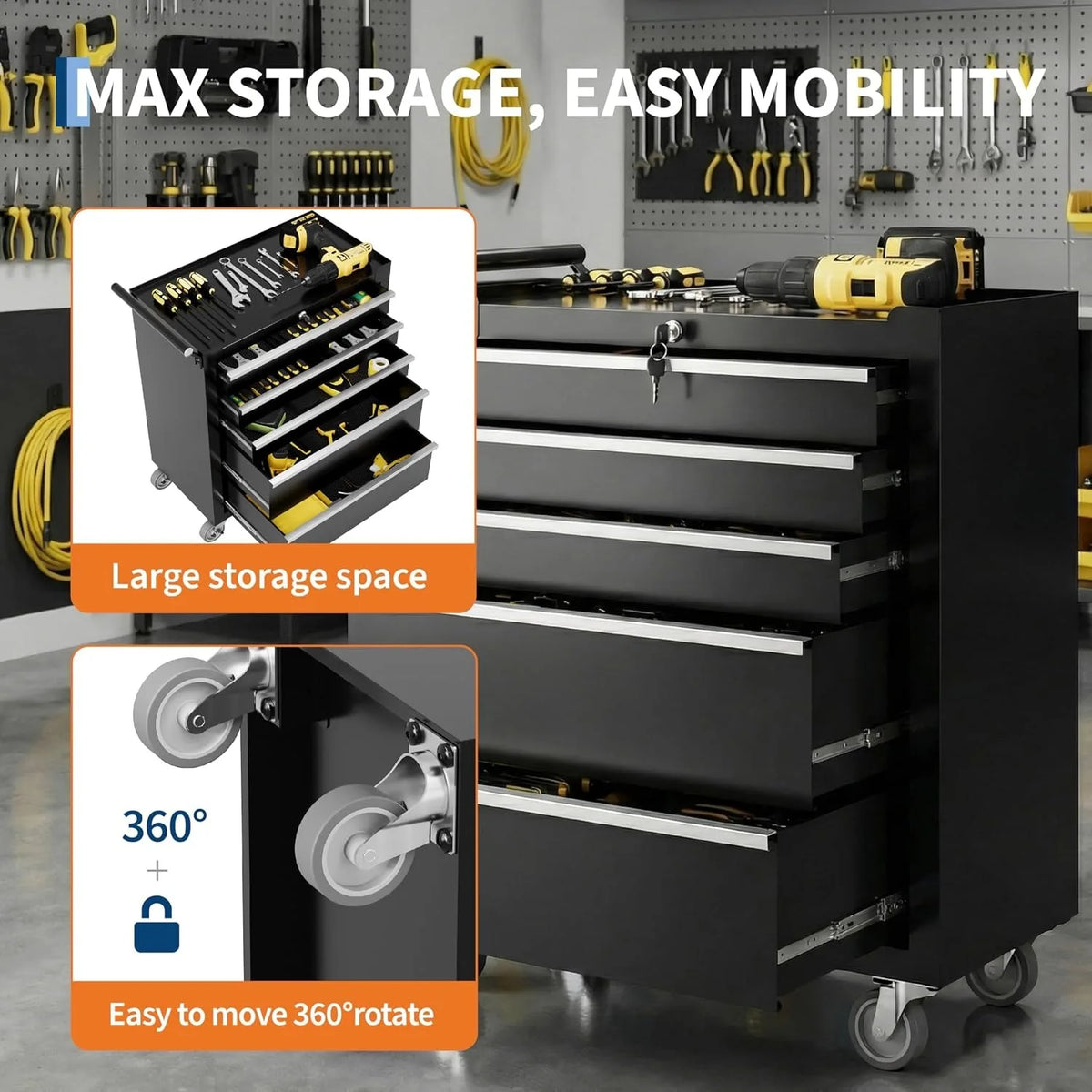 Heavy Duty Rolling Tool Chest With Five Lockable Drawers