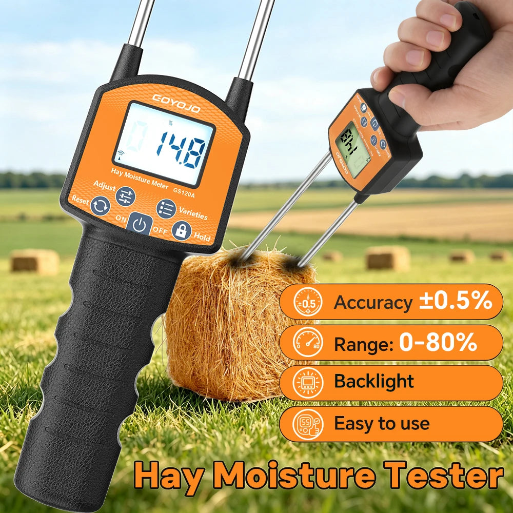 Portable Digital Hay Moisture Tester Meter Probe Tester with LCD, 0-80% Moisture Range, for Alfalfa, Leymus, Orchard Grass, Straw Bales Fast Accurate Digital Sensor Hay bale Moisture Meter GS120A