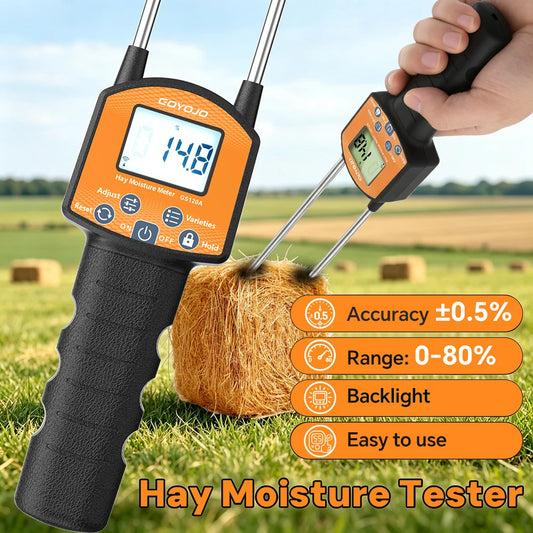 Portable Digital Hay Moisture Tester Meter Probe Tester with LCD, 0-80% Moisture Range, for Alfalfa, Leymus, Orchard Grass, Straw Bales Fast Accurate Digital Sensor Hay bale Moisture Meter GS120A