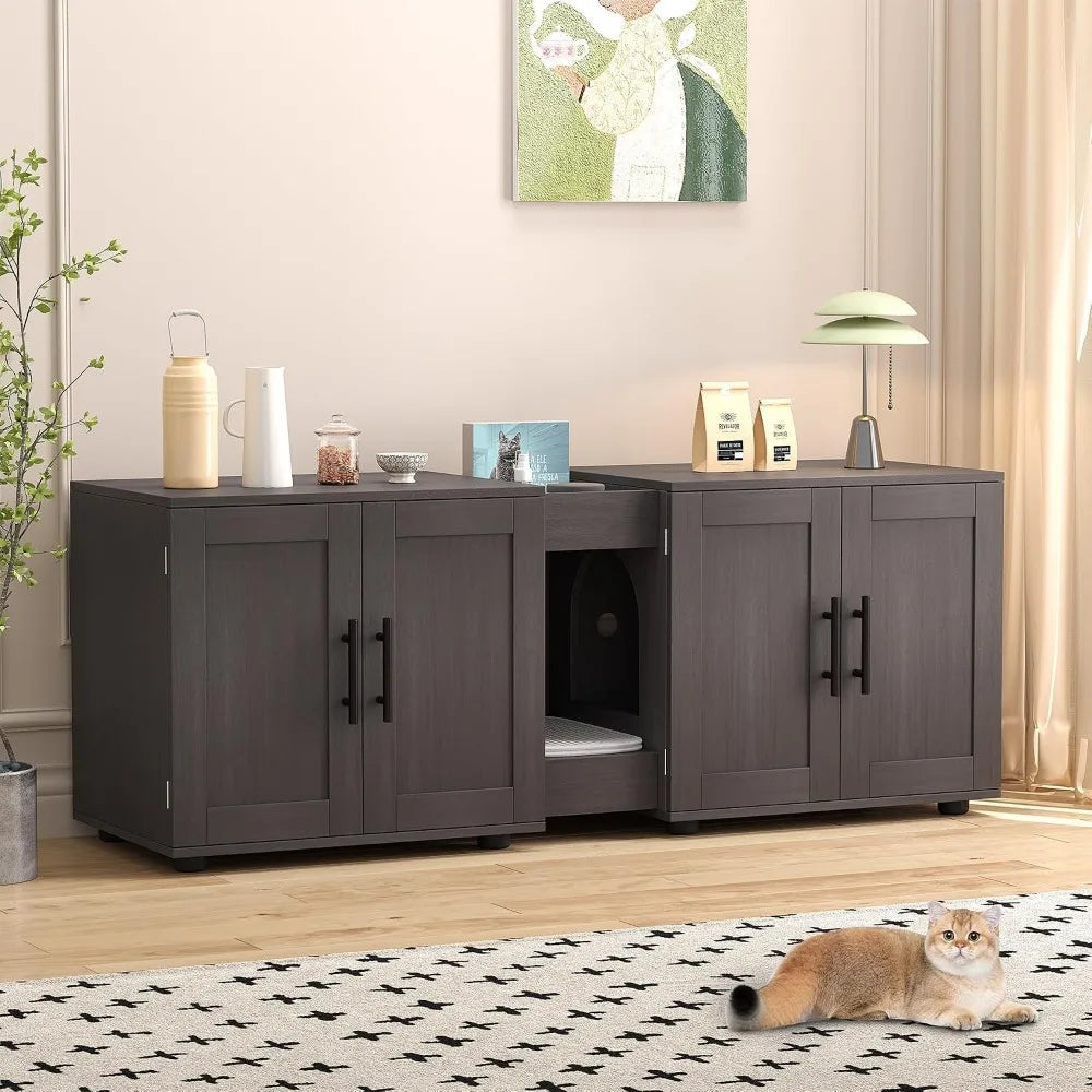 Garvee Hidden Litter Box Enclosure Wooden Double Room Cat Furniture