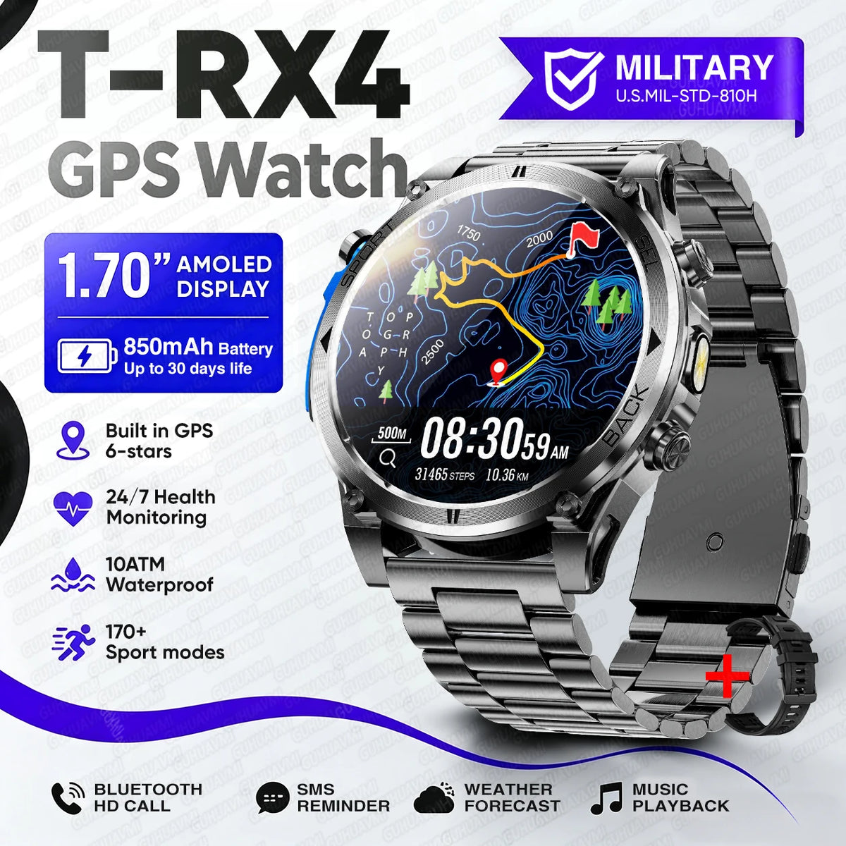 T-RX4 Rugged Outdoor GPS Smartwatch with Compass Altimeter and Barometer