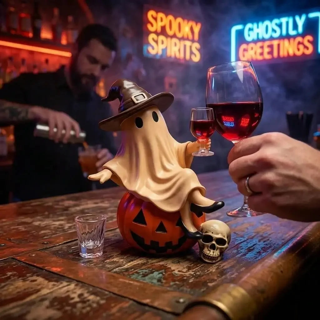 Funny Ghost Holding Wine Glass Resin Statue Halloween Decor Ornament
