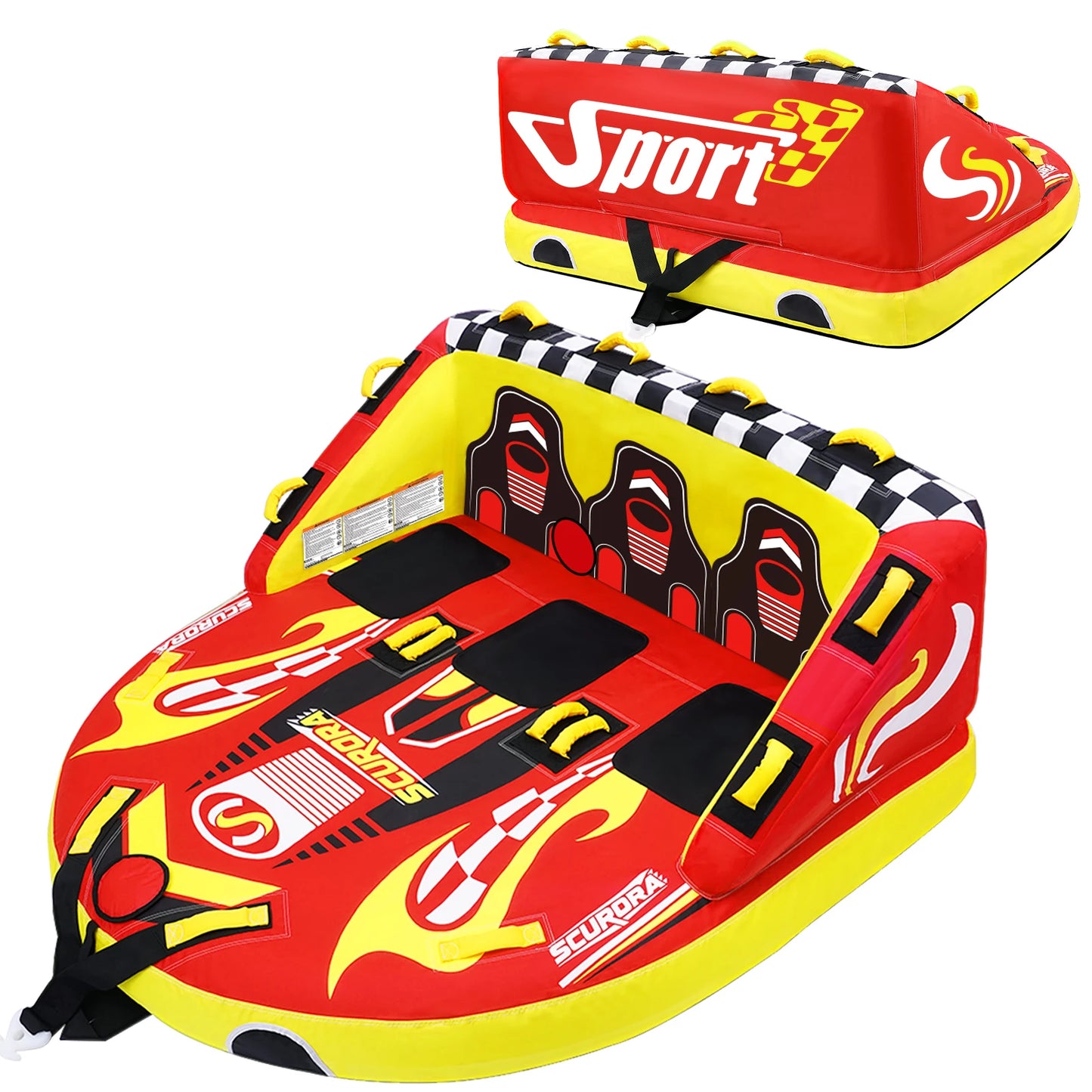 3 Person Towable Tube for Boating, Inflatable Sofa Boat Tube with Front & Back Tow Points, 0.65mm PVC & 840D Nylon Cover, for Lake River Water Sports Fun