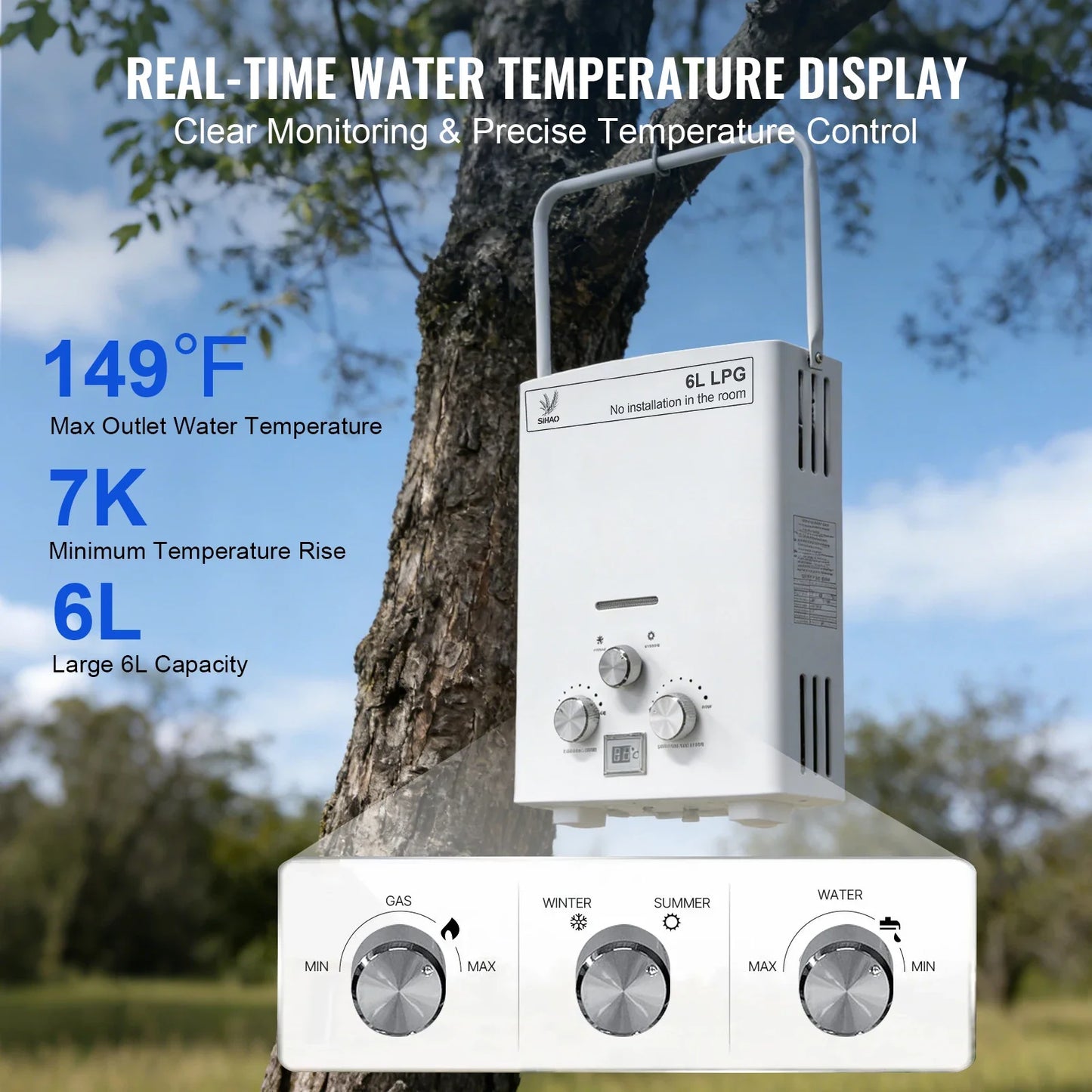 SIHAO 6L Instant Gas Water Heater with Digital Display — Portable Tankless LPG Heater for Outdoor Camping, Car Travel, RV, and Home Bathroom Hot Water Supply