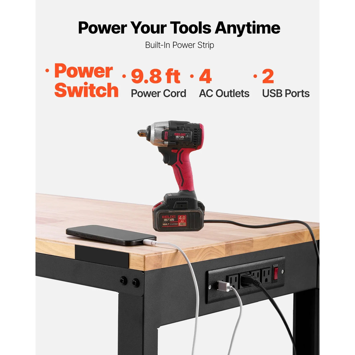 Adjustable Height Workbench With Power Outlets Heavy Duty Steel Table