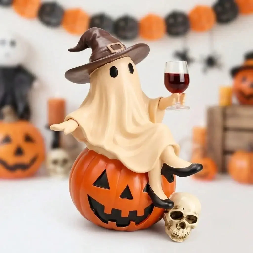 Funny Ghost Holding Wine Glass Resin Statue Halloween Decor Ornament