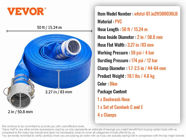 SucceBuy Pool Drain Hose 2 in by 50 ft Durable PVC Material, Aluminum Camlock C & E Connectors and Clamps for Pool Water Removal