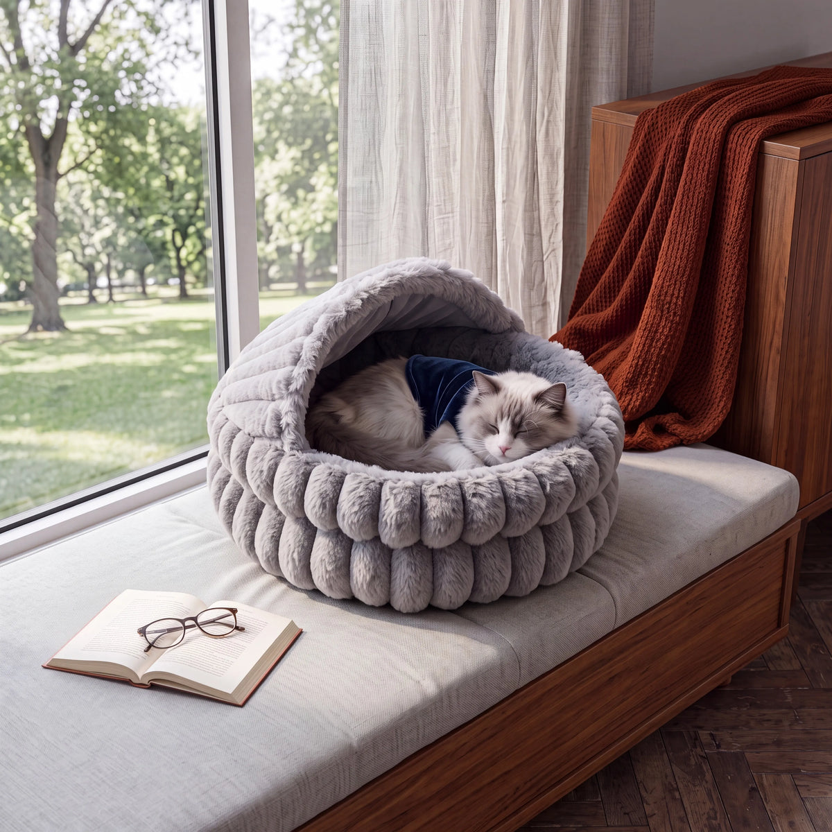 EliteZ Hooded Cat Cave Bed, Self Warming Enclosed Hideaway