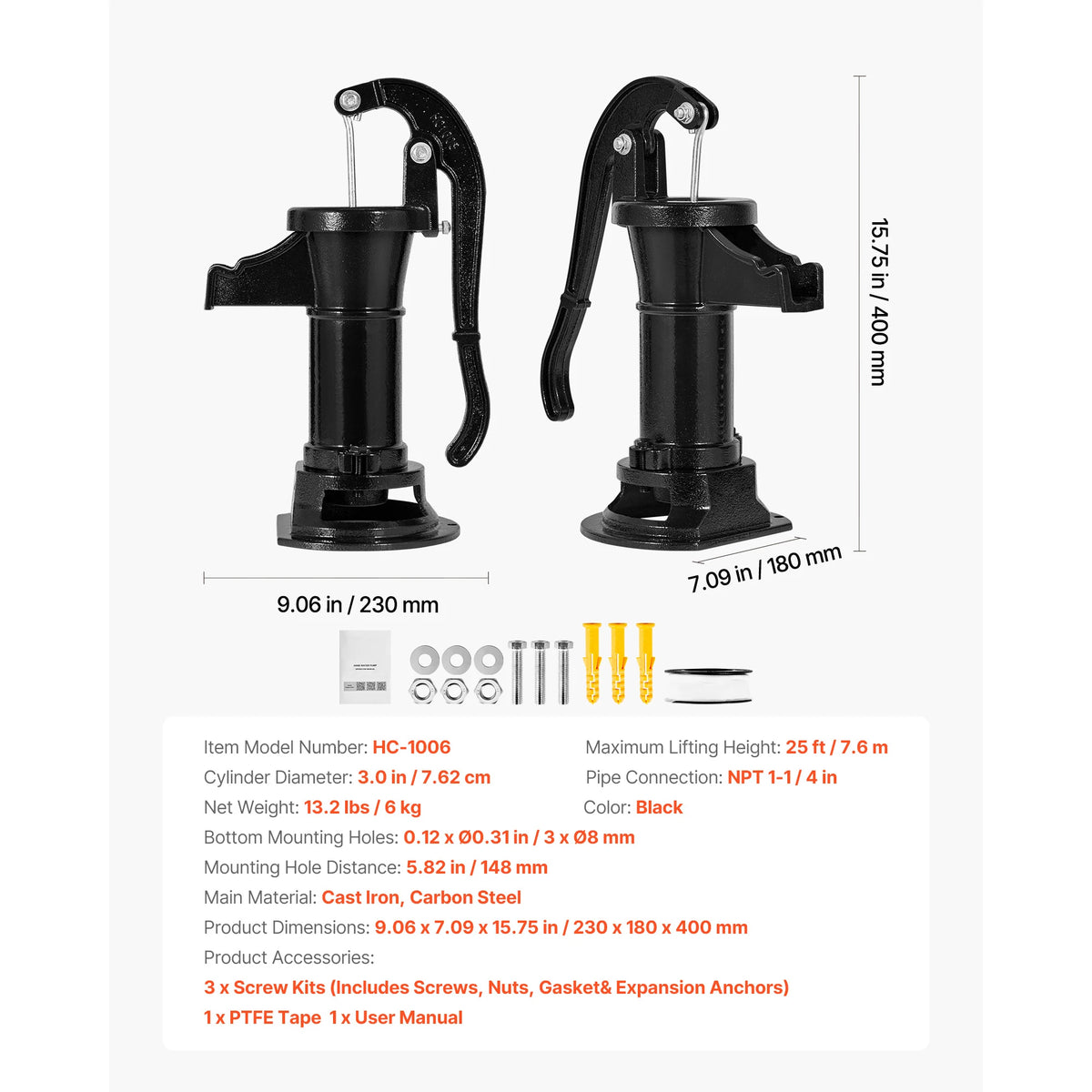 SucceBuy Well Hand Pitcher Pump 25 ft Maximum Lift Cast Iron NPT 1-1/4 in Connection for Garden Pond Farm Red/Black/Yellow/Green