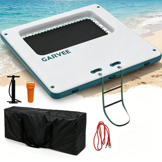 10x10FT Inflatable Water Floating Dock Platform Square Inflatable Dock Floating Platform with Mesh, Non-Slip EVA Platform and Rope Ladder