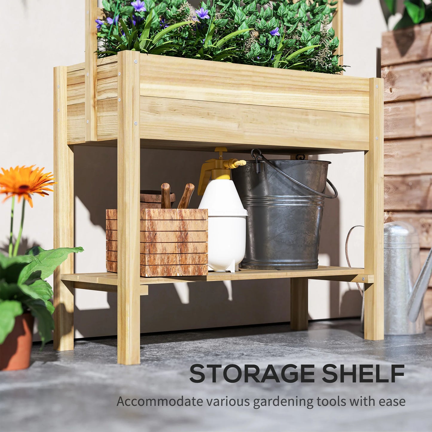 Wooden Raised Planter Box with Trellis, Raised Flower Bed with Storage Shelf, Outdoor Garden Planter for Vegetables, Flowers, Herbs