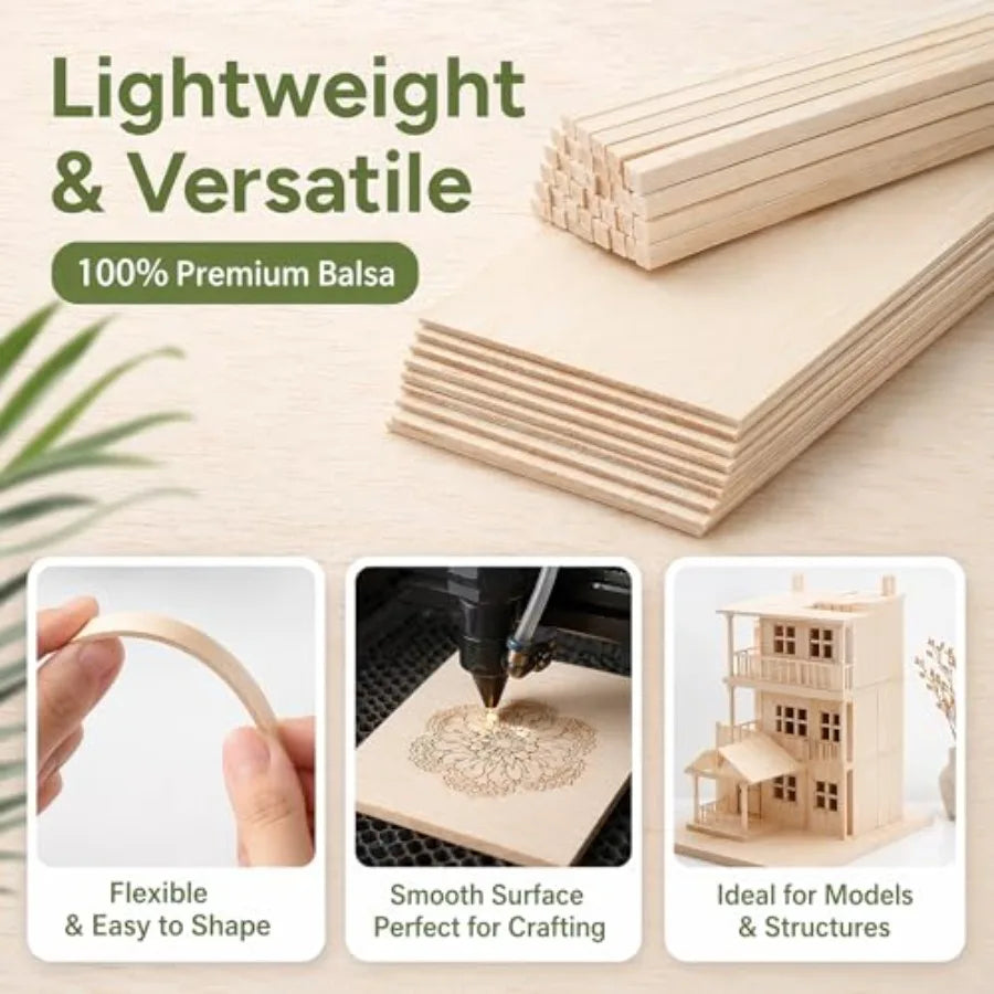 Premium Balsa Wood Craft Kit Includes Wooden Sticks And Sheets