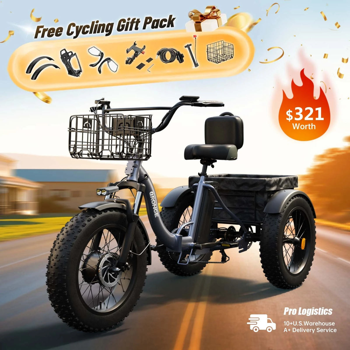Qronge Folding Electric Tricycle With Fat Tires And Large Basket