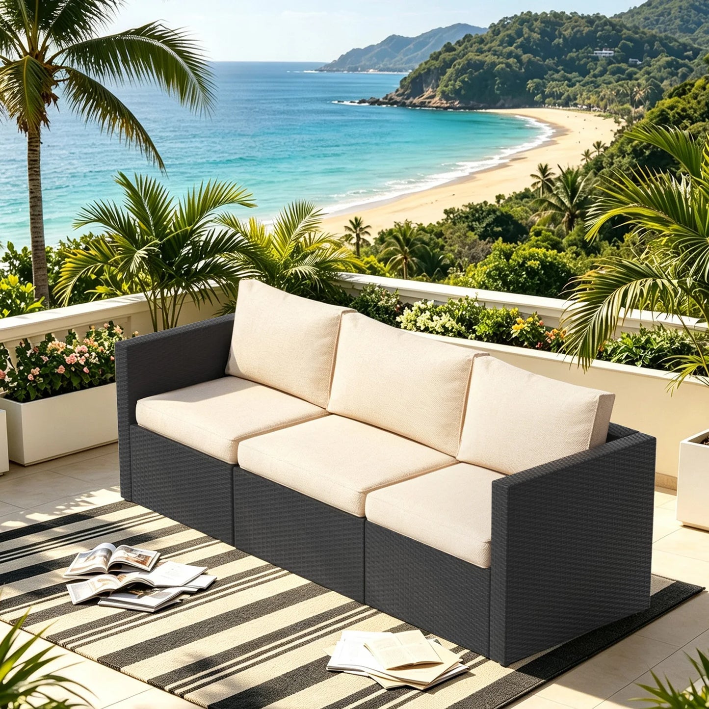Outdoor Patio Furniture Set, 3-Seat PE Rattan Patio Furniture Sofa with Adjustable Feet & Thick Blue Cushions, All Weather Anti-slip Outdoor Furniture Couch, Durable Outdoor Patio Furniture Set for Poolside, Garden & Backyard