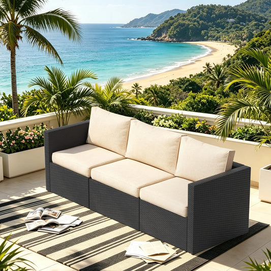 Outdoor Patio Furniture Set, 3-Seat PE Rattan Patio Furniture Sofa with Adjustable Feet & Thick Blue Cushions, All Weather Anti-slip Outdoor Furniture Couch, Durable Outdoor Patio Furniture Set for Poolside, Garden & Backyard
