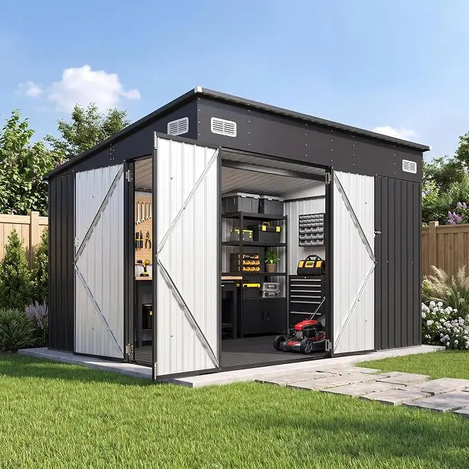 Waterproof Metal Outdoor Storage Shed With Three Lockable Doors