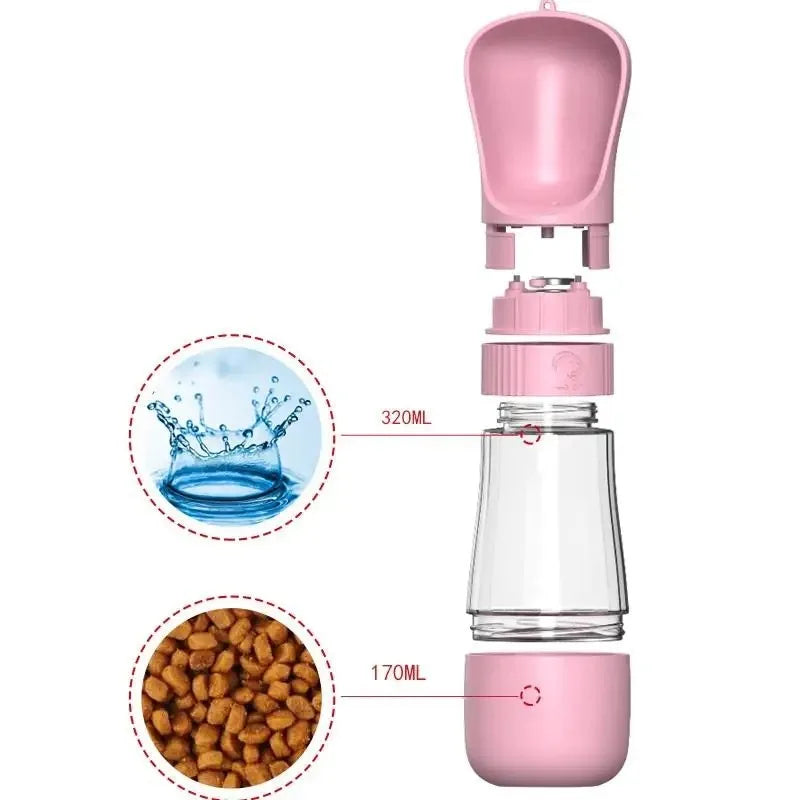 Portable Dog Water Bottle With Integrated Food Container For Pets