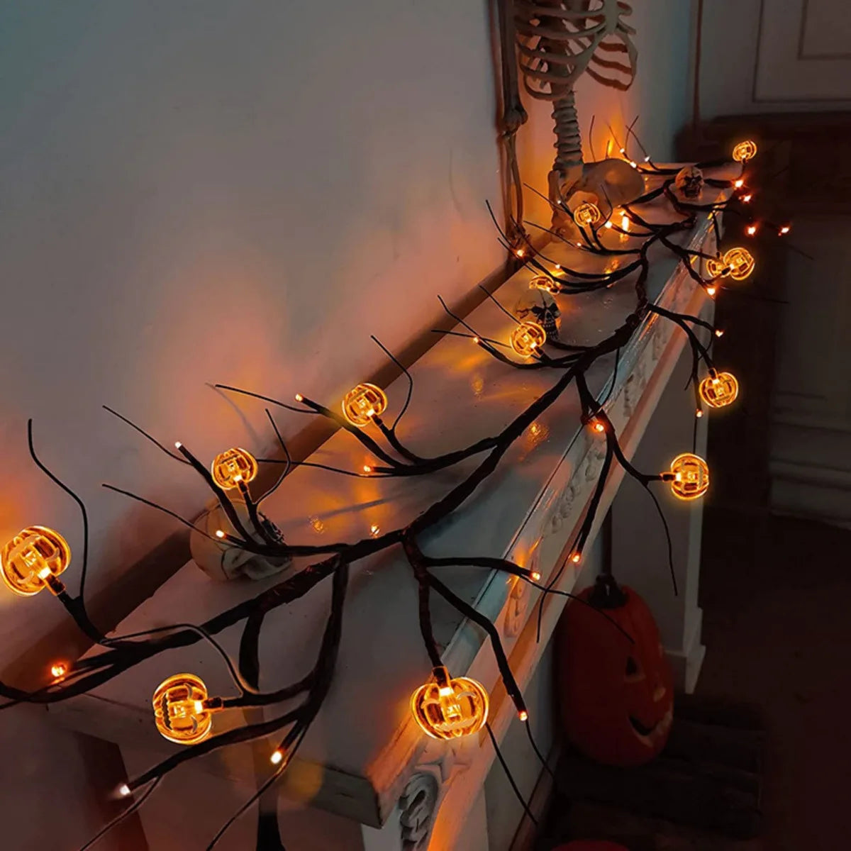 Halloween Pumpkin String Light Flexible Willow Vine Garden Garland