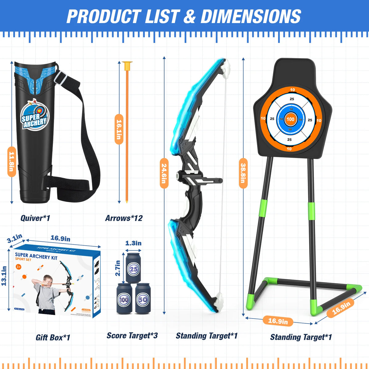 Bow and Arrow for Kids, LED Light Up Archery Set with 12 Suction Cup Arrows, 1 Standing Target, 3 Score Targets & 1 Quiver, Indoor Outdoor Sport Gifts for Boys Girls Ages 3+,Birthday Halloween Christmas Gift
