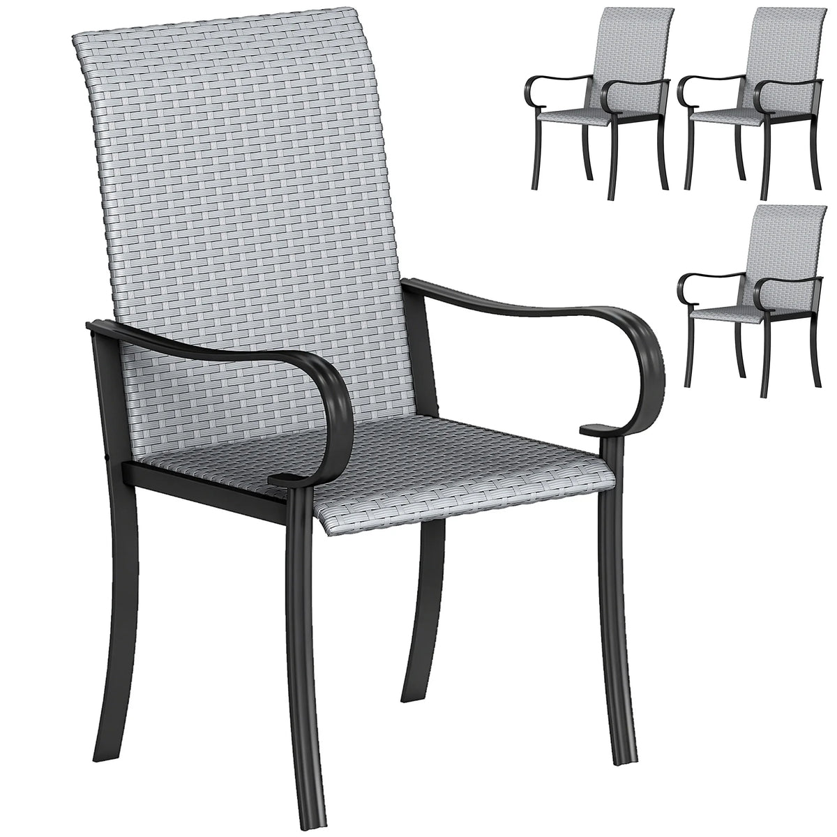 Gray Set of 4 Outdoor Wicker Armrest Dining Chairs Rattan Patio Dining Seats for Garden Backyard Porch Leisure Dining