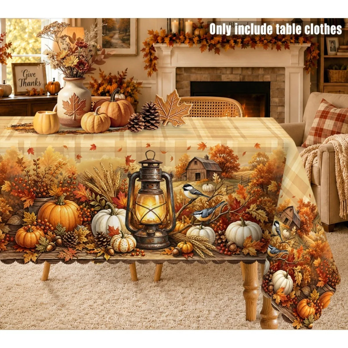 Autumn Harvest Tablecloth With Pumpkins, Maple Leaves And Vintage Lantern