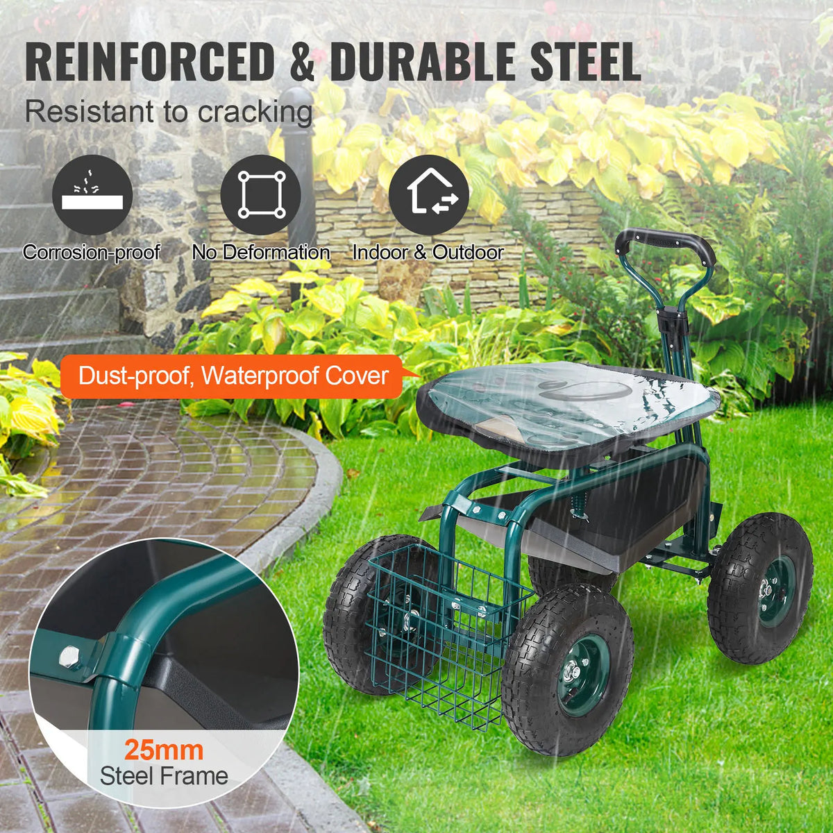 SucceBuy Rolling Garden Cart With Swivel Seat And Steering