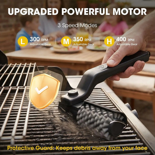 Electric Grill Brush, High Torque Grill Brush with 3-Speed Modes, 20kg Max Torque BBQ Cleaner, Safe for Porcelain, Cast Iron & Stainless Steel Grates, Reinforced Steel Bristles, Comes with Extra Cloth Brush Head and Heat Resi