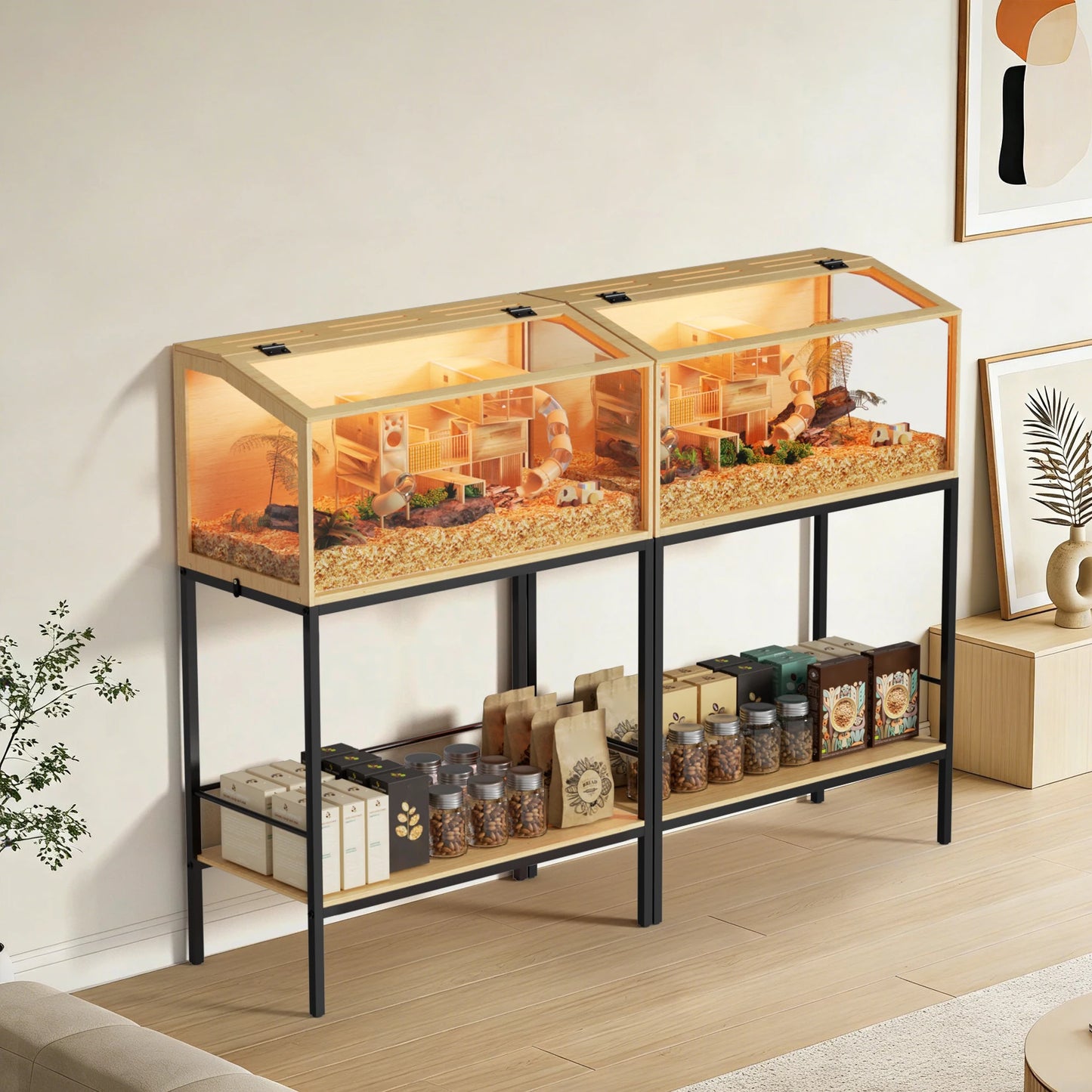 Bingopaw Wooden Hamster Cage With Tempered Glass And LED Light