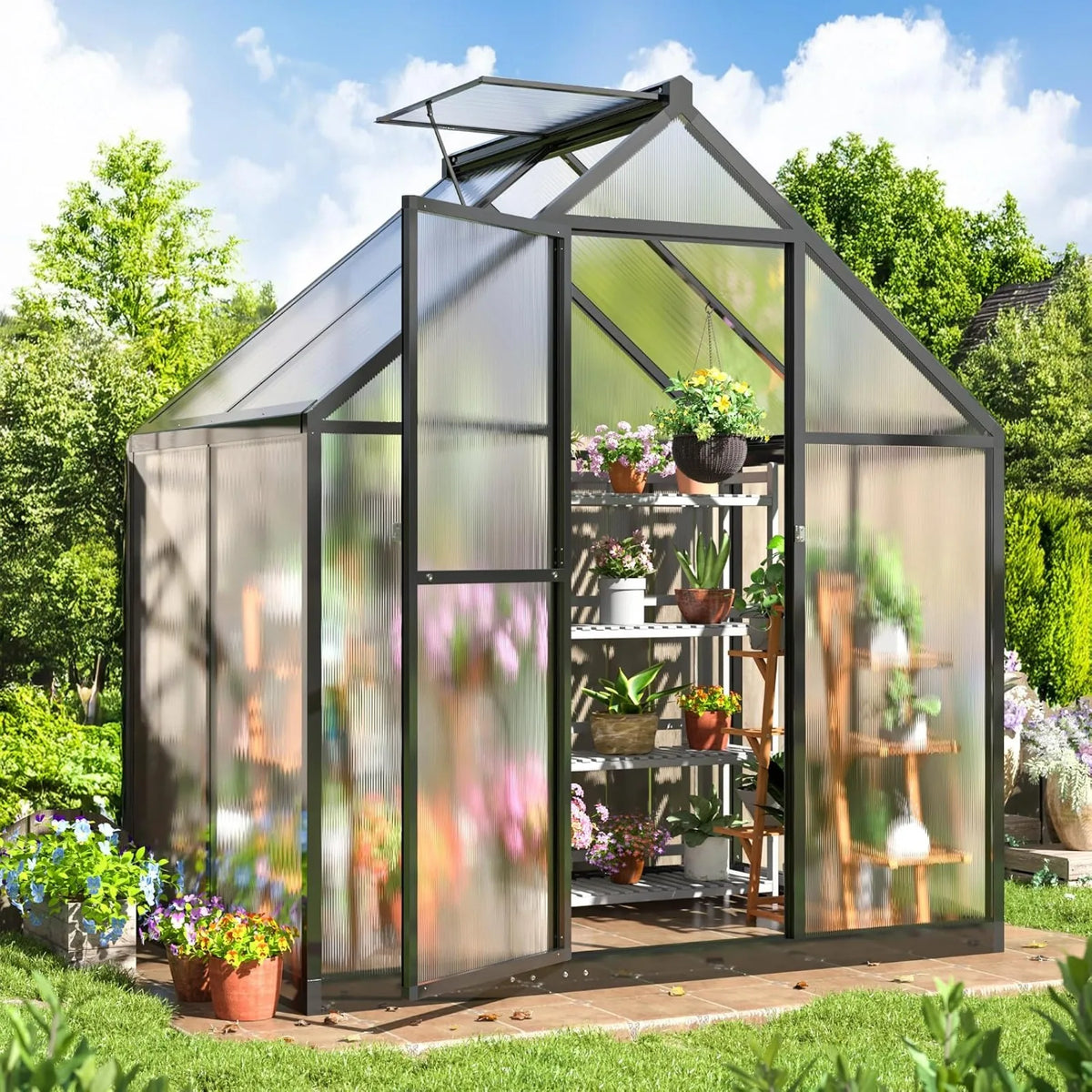 Greenhouse for Outdoors 4x6 FT | Polycarbonate Green House with Roof Vent and Quick Setup Structure, Aluminum Greenhouse for Garden Backyard, Black