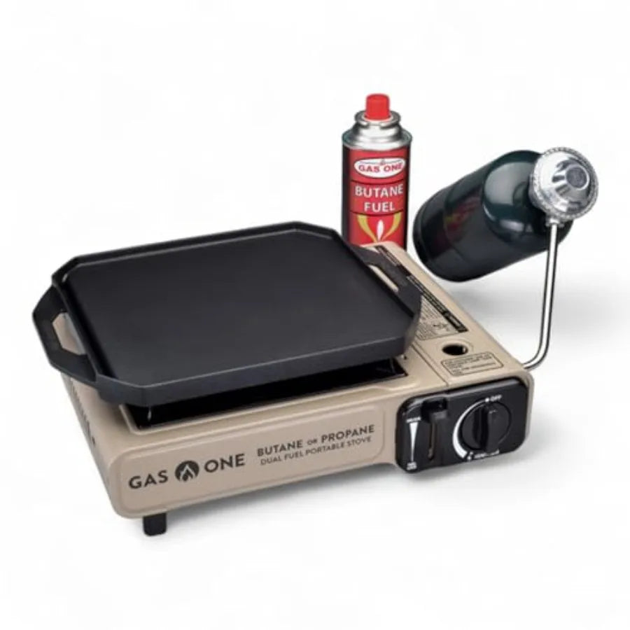 GasOne GS-3400P-KIT Propane or Butane Gas Flat Top Griddle Included Dual Propane Grill Tent Burners for Cooking for Camping, Ki