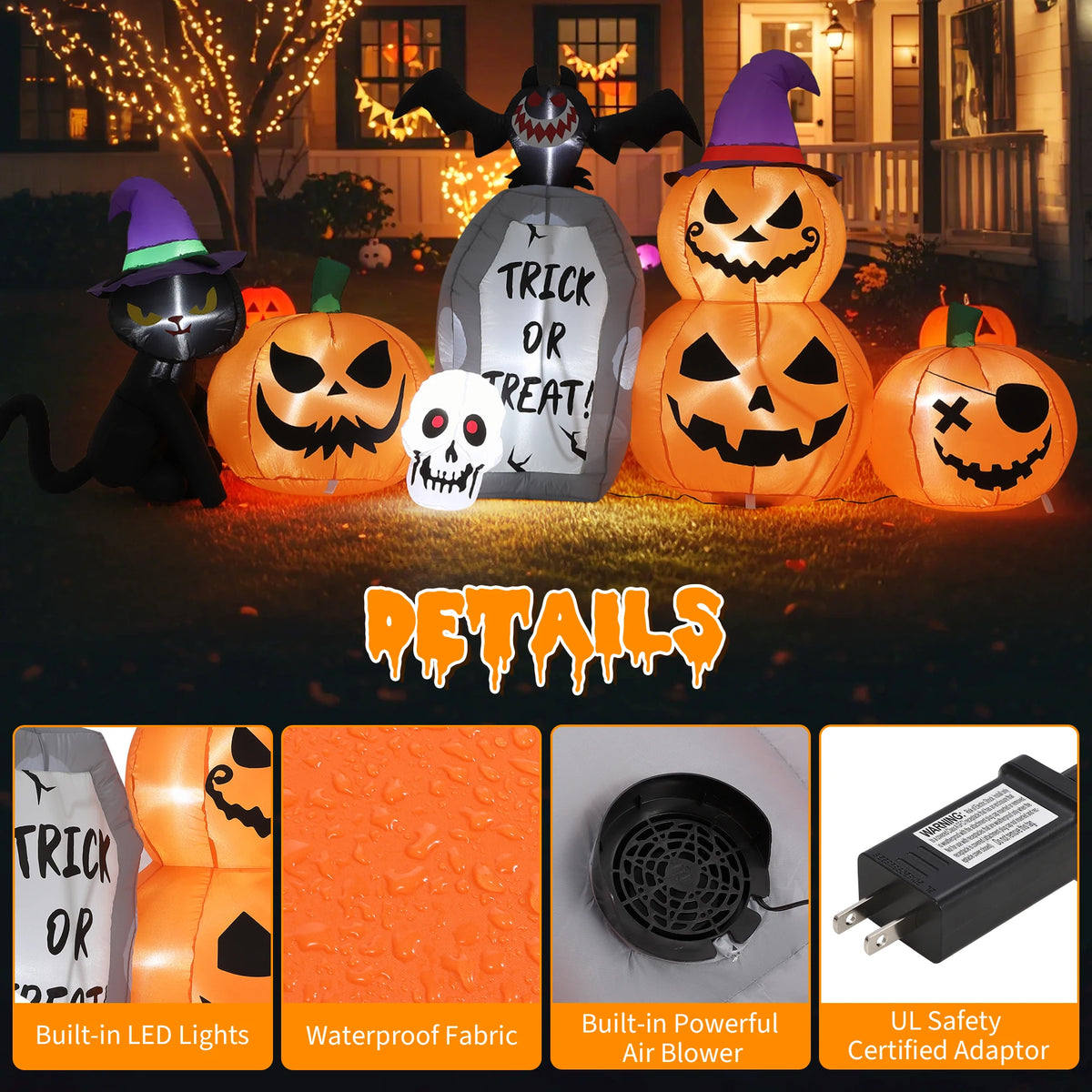 HiMISS Halloween Black Cat Pumpkin Tombstone Inflatable LED Yard Decor