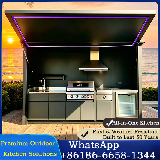 2026 Top Outdoor Kitchen Design, Aluminum Cabinet with Sun Shade, Complete Cookware Set & Durable Motorized Door for Garden