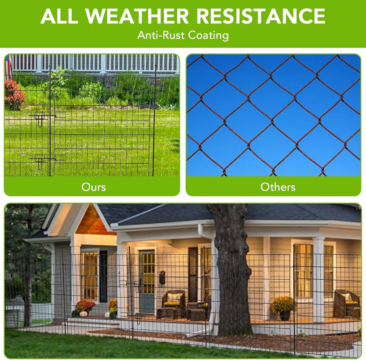 Rustproof Metal Garden Fence Panels, 15 Pack No-Dig Animal Barrier for Dogs Rabbits, Decorative Flat Top Fencing with 16 Ground Stakes & Door, 29" W x 32" H for Yard Patio Flower Bed