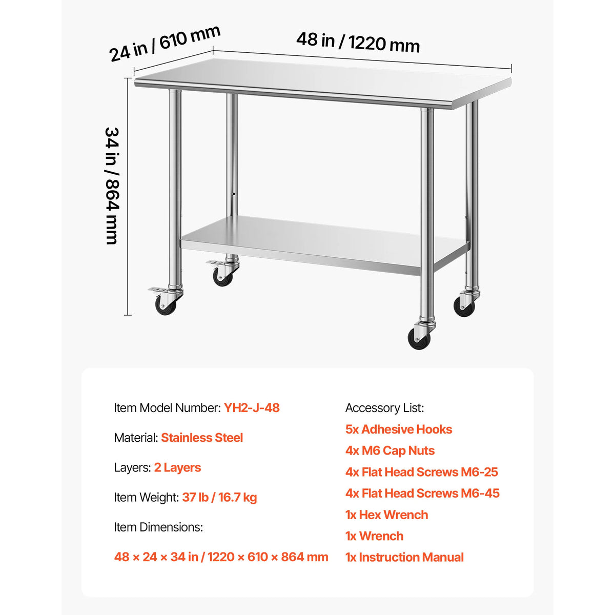 SucceBuy Stainless Steel Work Table With Wheels Commercial Kitchen Station