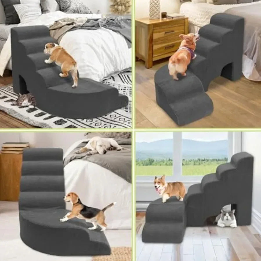 Dog Stairs for High Bed 28-32 Inches Tall, 6 Tier Pet Stairs for Small Dogs Indoor Use, Polyester Fabric, Gray, Non-Slip Surfac