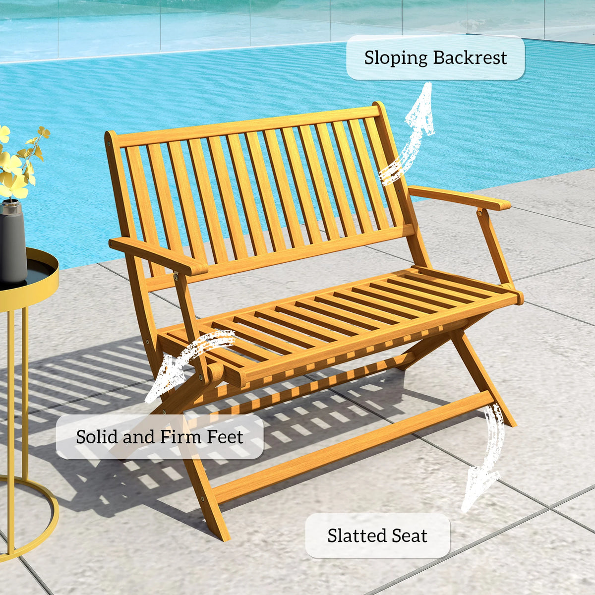 Outsunny Wood Outdoor Bench, 2-Person Foldable Patio Garden Bench, Teak