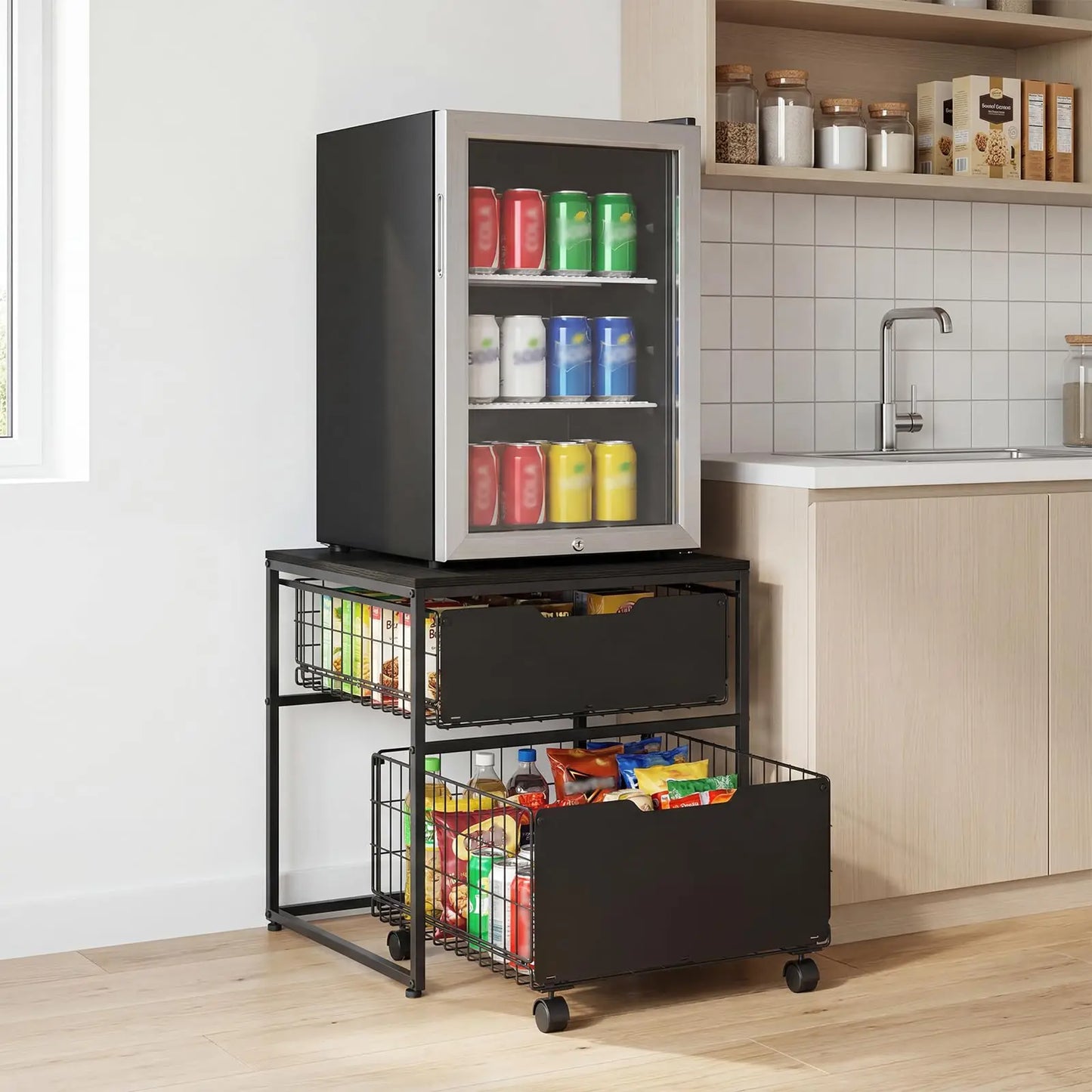 HiMISS Steel Mini Fridge Stand With Wheels And Storage Baskets